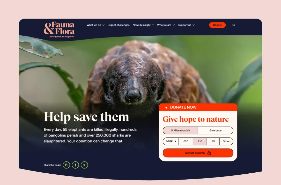 The hero section of an appeal landing page showing an image of an endangered pangolin alongside a donation widget containing the headline 'Give hope to nature'