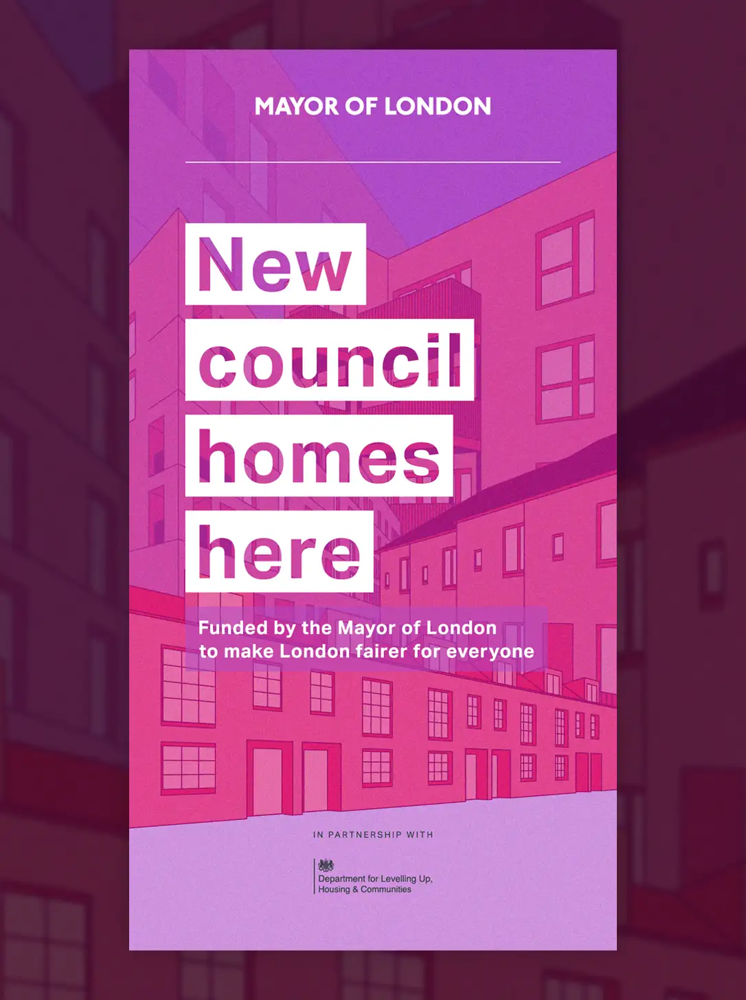 A hoarding panel for a new social housing development with the headline 'New council homes here'