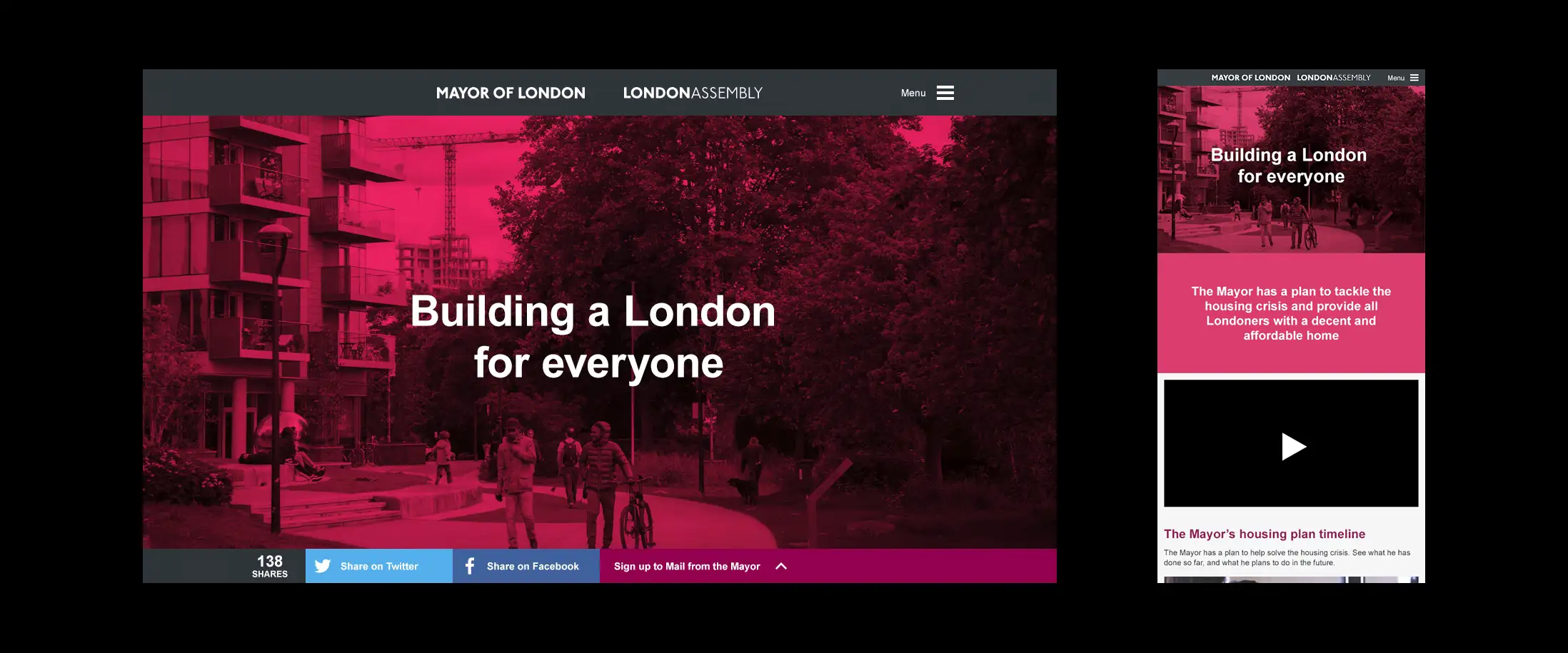 Desktop and mobile screenshots of the campaign page hero featuring a photograph of a social housing estate in East London with a pink overlay and the headline 'Building a London for everyone'