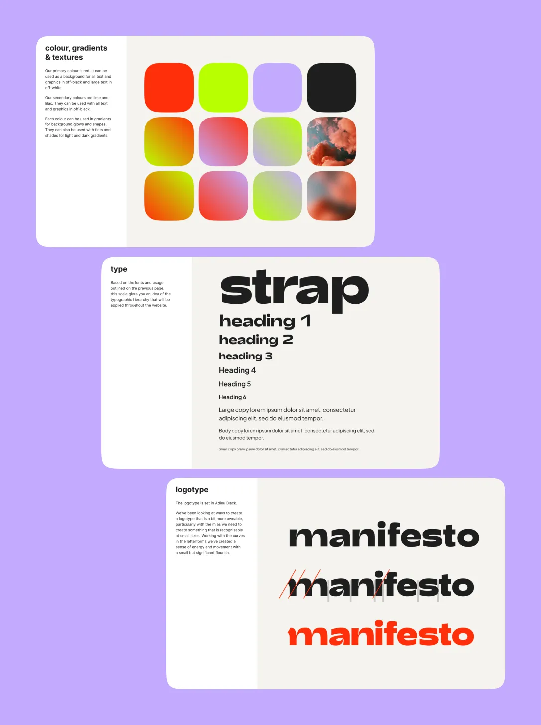 three slides from the creative direction deck against a lilac background showing colour, gradients and textures, typography and logotype