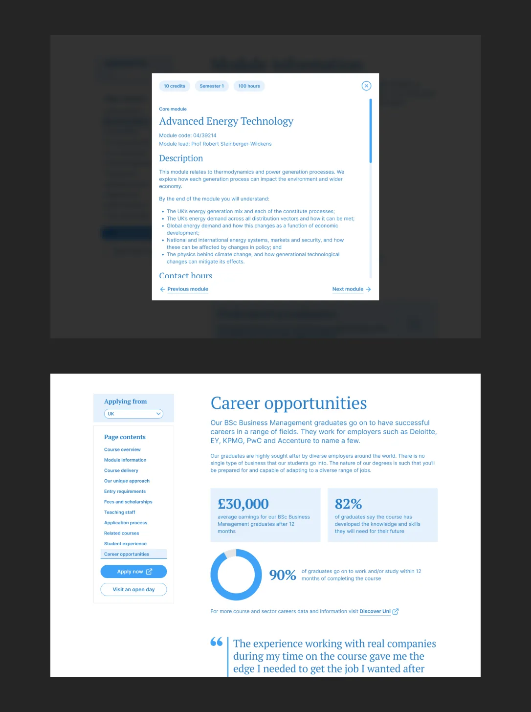 Screenshots from desktop wireframes showing expanded module information and career opportunities for a course example