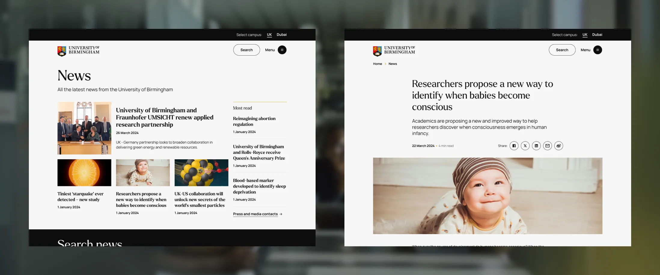 Screenshots from the new news landing page and article pages